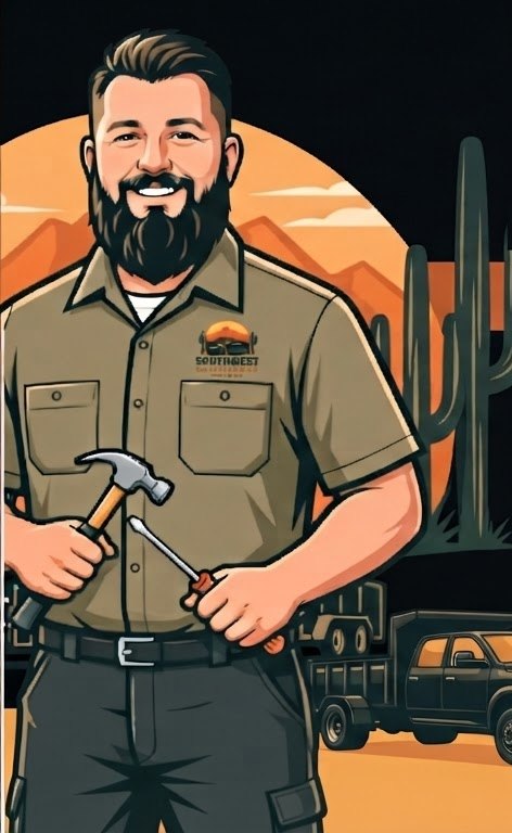 Illustration of Chris from Southwest Hauling holding a hammer and screwdriver, with the work truck and trailer behind him