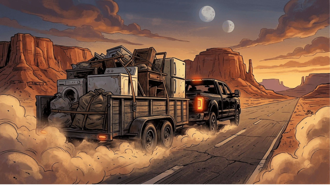 Southwest Hauling trailer loaded for junk removal on a desert highway
