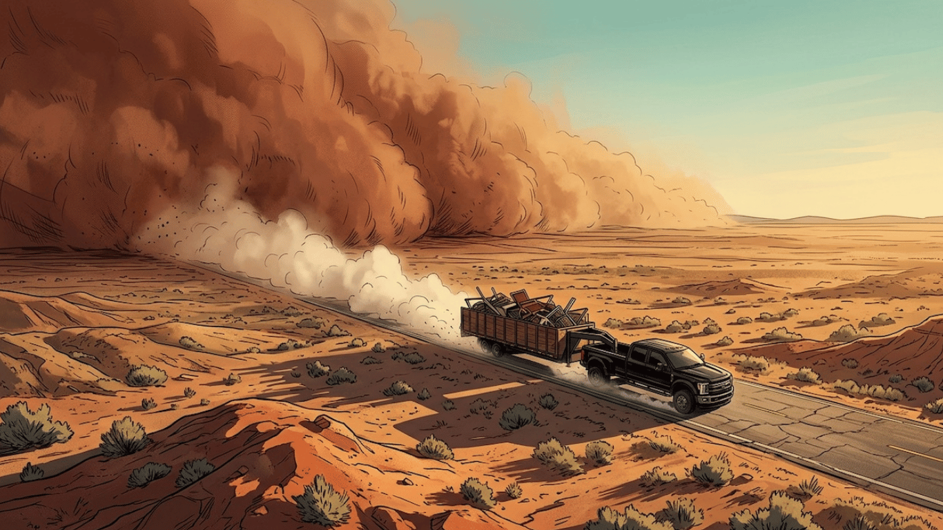 Southwest Hauling truck crossing the desert with a loaded trailer